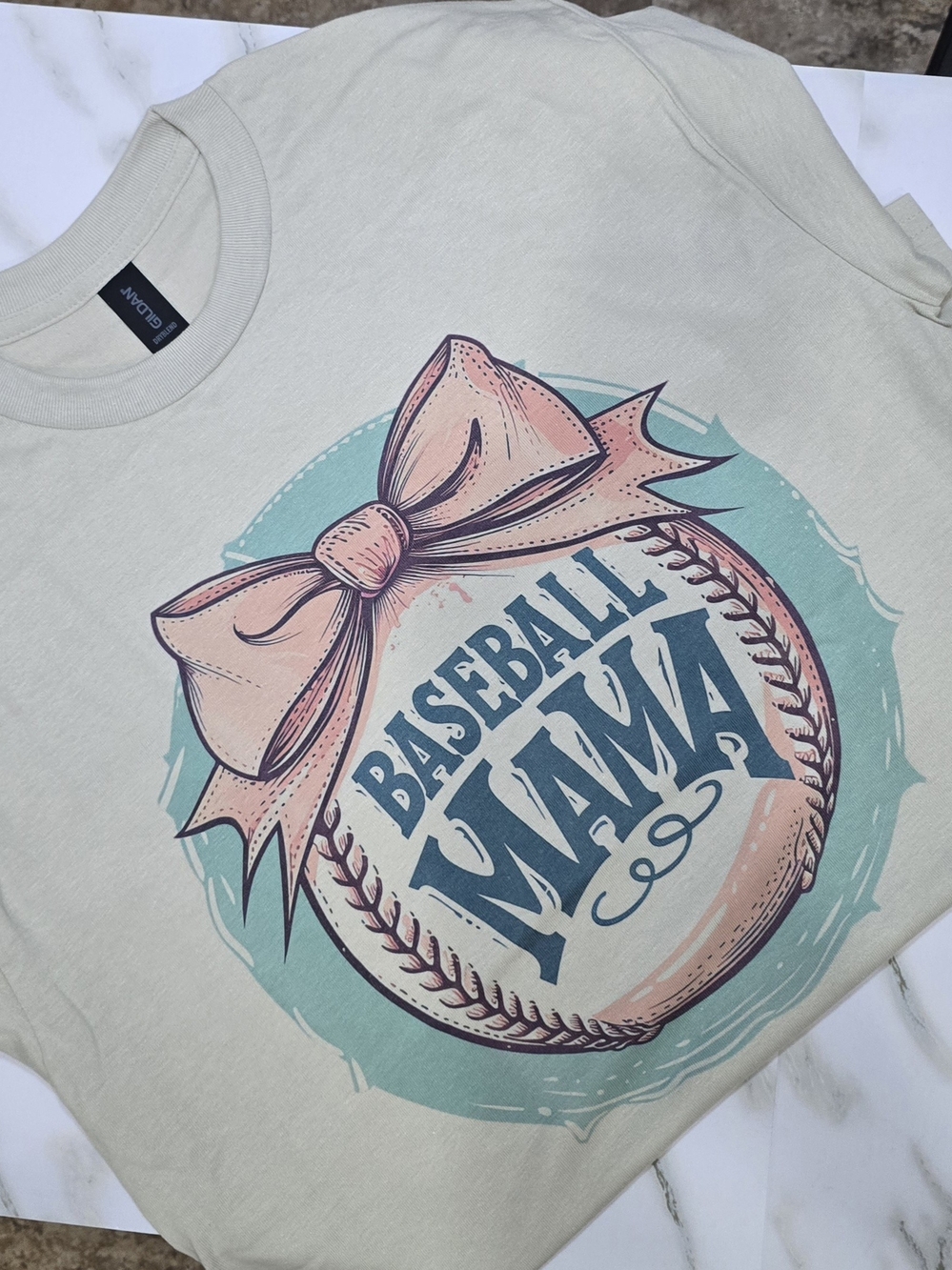 Baseball Mama Short Sleeve Tee - Cream with Pink & Teal Graphic